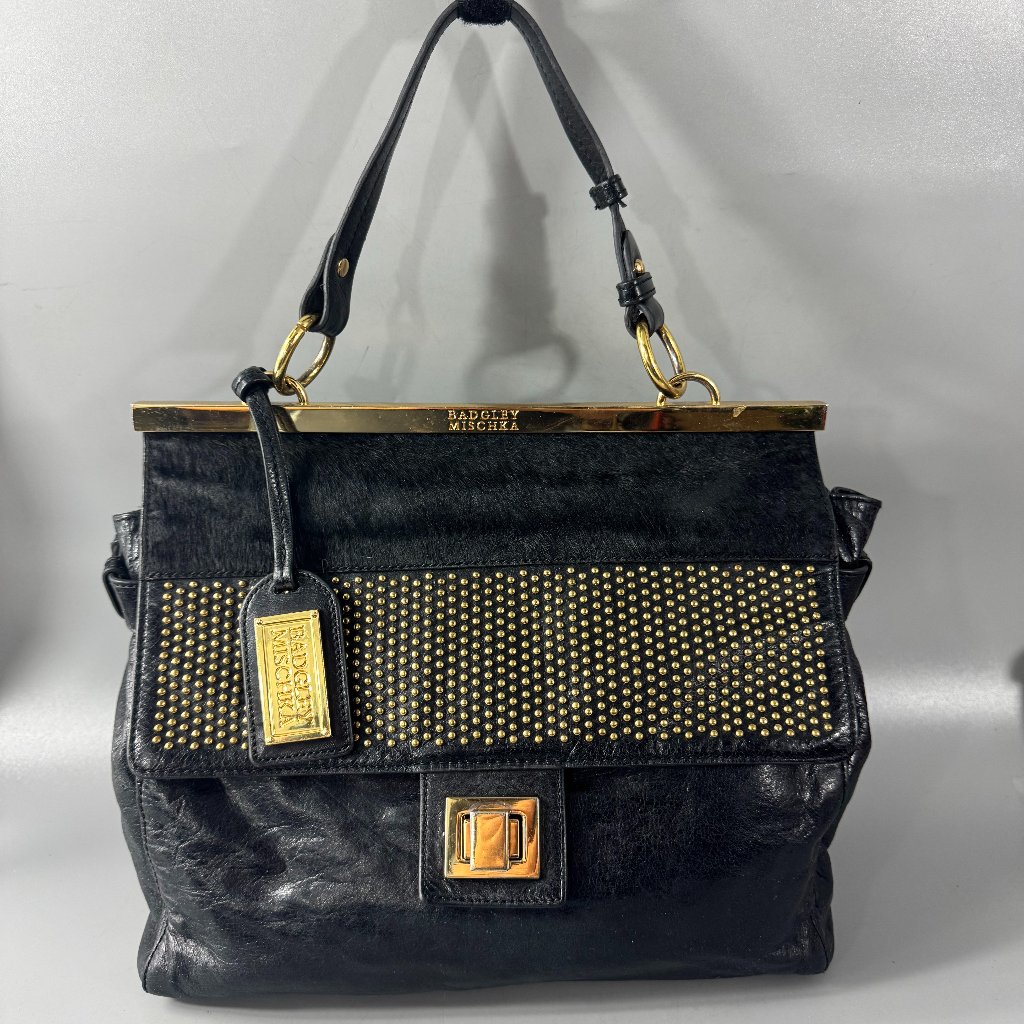 Badgley Mischka Black Distressed Leather Top Handle Bag